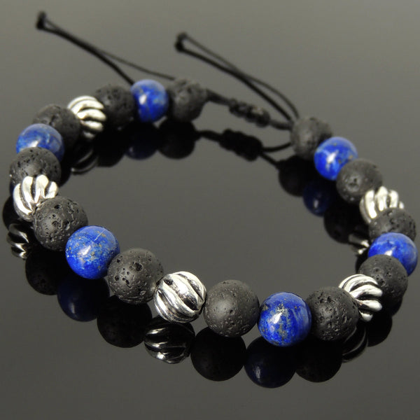Men's Women Lava Rock Lapis Lazuli Adjustable Braided Bracelet 925 Sterling Silver Beads DiyNotion BR1061