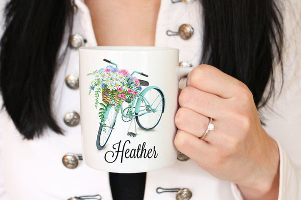 Personalized Mug, Floral Coffee Mug, Bike Mug, Custom Mug, Gift For Her, Name Mug, Mothers Day Gift, Mug For Mom, Flower Coffee Mug Gift