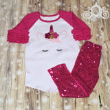 Unicorn Face Birthday Outfit, Ruffle Raglan Shirt with Sequin Shorts