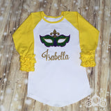 Mardi Gras Mask Custom Ruffle Raglan Personalized Shirt Girl Baby Toddler Shirt