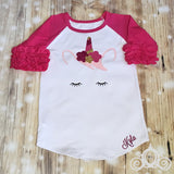 Unicorn Face Birthday Outfit, Ruffle Raglan Shirt with Sequin Shorts