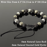 Men's Women Lava Rock Gold Pyrite Adjustable Braided Bracelet 925 Sterling Silver Beads DiyNotion BR1062