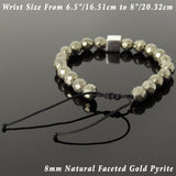 Men's Women Faceted Gold Pyrite Adjustable Braided Bracelet 925 Sterling Silver Cube Bead DiyNotion BR1064
