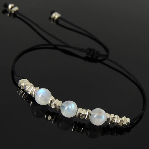 Men's Women Flashing Moonstone Adjustable Braided Bracelet 925 Sterling Silver Nugget Beads from Thailand DiyNotion BR1121