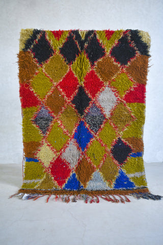 BOUCHEROUITE. Vintage Moroccan Rug. Wool Boucherouite Carpet. Modern Design.