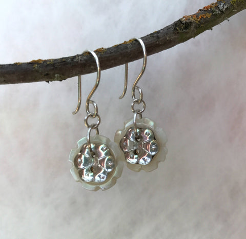 Vintage Button Earrings, White Mother of Pearl Buttons, Mercury Glass, Mirror Glass Buttons Hand Made Ear Wires, Silver Wire, MPE359