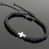 Men's Women Lava Rock Adjustable Braided Bracelet 925 Sterling Silver Cross Charm DiyNotion BR1065