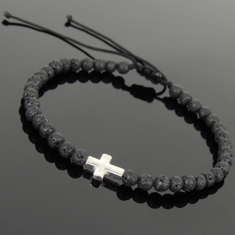 Men's Women Lava Rock Adjustable Braided Bracelet 925 Sterling Silver Cross Charm DiyNotion BR1065