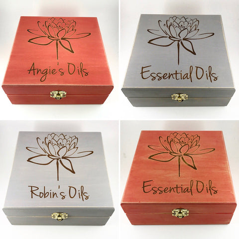 Essential Oils w/ Lotus!! Essential Oil Storage Box 25 slot 15mls - fits dōTERRA Young Living and others - choose stain and laser engraving!