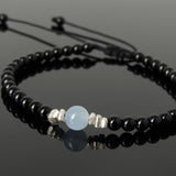Men's Women Aquamarine Bright Black Onyx Adjustable Braided Bracelet 925 Sterling Silver Nugget Beads from Thailand DiyNotion BR1124