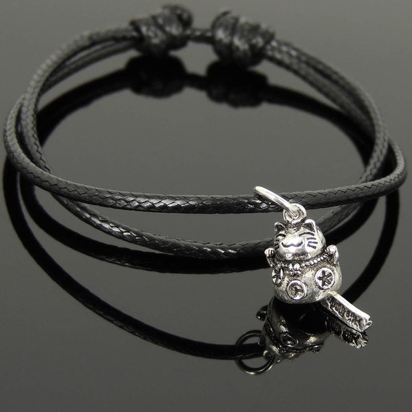 Men's Women Adjustable Braided Bracelet 925 Sterling Silver Lucky Maneki Neko Cat Pendant DiyNotion Handmade BR1125