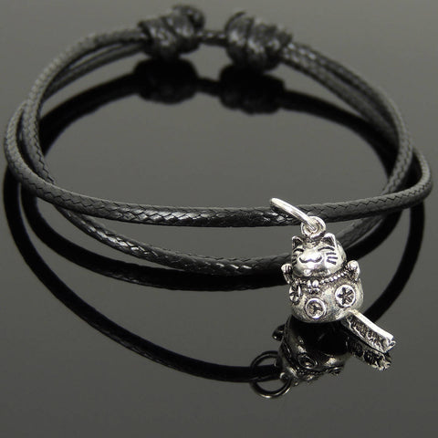Men's Women Adjustable Braided Bracelet 925 Sterling Silver Lucky Maneki Neko Cat Pendant DiyNotion Handmade BR1125