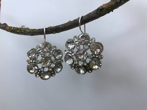 Rhinestone Button Earrings, Vintage Rhinestone Button, Large Earrings, Snowflake Earrings, Hand Made Ear Wire, Antique Button Jewelry SRE347