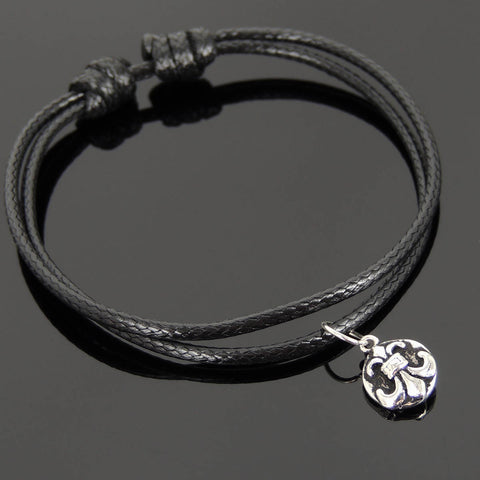 Men's Women Adjustable Braided Bracelet 925 Sterling Silver Fleur de Lis Round Pendant DiyNotion Handmade BR1127