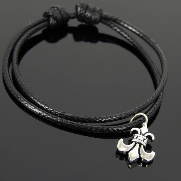 Men's Women Adjustable Braided Bracelet 925 Sterling Silver Fleur de Lis Pendant DiyNotion Handmade BR1128