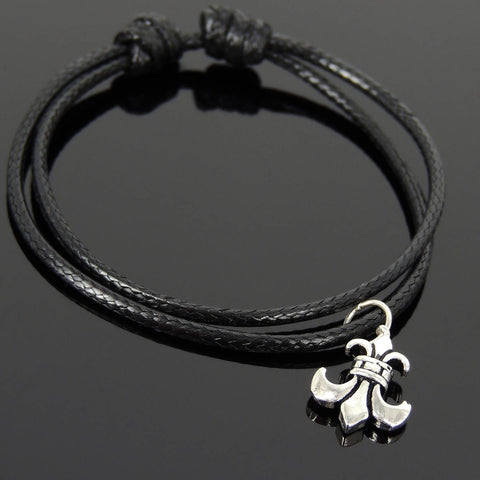 Men's Women Adjustable Braided Bracelet 925 Sterling Silver Fleur de Lis Pendant DiyNotion Handmade BR1128