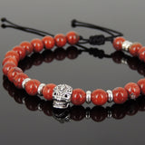 Men's Women Red Jasper Stone Adjustable Braided Bracelet 925 Sterling Silver Skull & Spacers DiyNotion BR1068