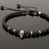 Men's Women Matte Black Onyx Adjustable Braided Bracelet 925 Sterling Silver Skull & Spacers DiyNotion BR1070