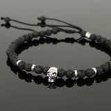 Men's Women Lava Rock Adjustable Braided Bracelet 925 Sterling Silver Skull & Spacers DiyNotion BR1071