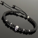 Men's Women Lava Rock Adjustable Braided Bracelet 925 Sterling Silver Skull & Spacers DiyNotion BR1071