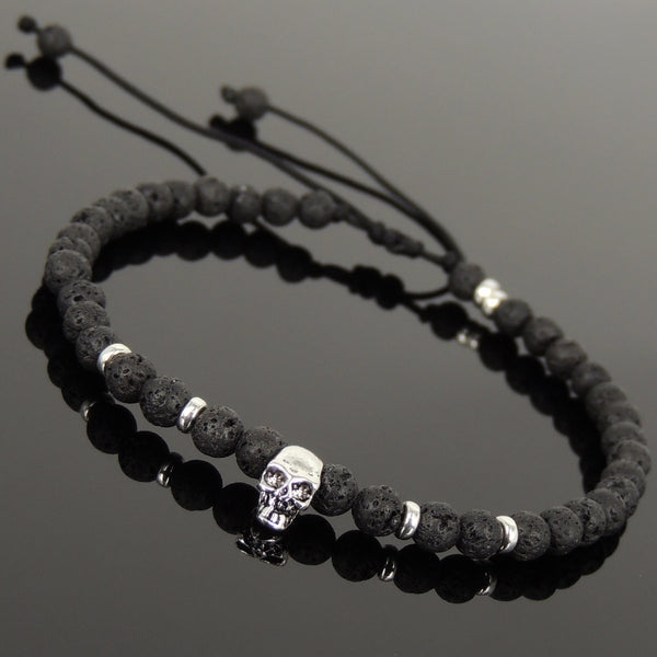 Men's Women Lava Rock Adjustable Braided Bracelet 925 Sterling Silver Skull & Spacers DiyNotion BR1071