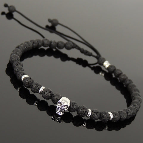 Men's Women Lava Rock Adjustable Braided Bracelet 925 Sterling Silver Skull & Spacers DiyNotion BR1071