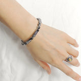 Men's Women Black Rutilated Quartz Adjustable Braided Bracelet 925 Sterling Silver Fleur de Lis Bead DiyNotion BR1073