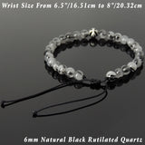 Men's Women Black Rutilated Quartz Adjustable Braided Bracelet 925 Sterling Silver Cross Bead DiyNotion BR1074