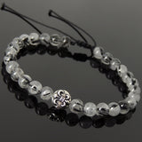 Men's Women Black Rutilated Quartz Adjustable Braided Bracelet 925 Sterling Silver Fleur de Lis Bead DiyNotion BR1075