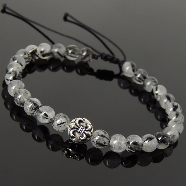 Men's Women Black Rutilated Quartz Adjustable Braided Bracelet 925 Sterling Silver Fleur de Lis Bead DiyNotion BR1075