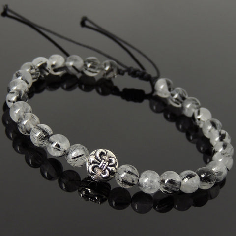Men's Women Black Rutilated Quartz Adjustable Braided Bracelet 925 Sterling Silver Fleur de Lis Bead DiyNotion BR1075