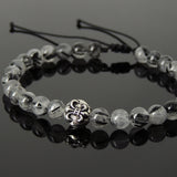 Men's Women Black Rutilated Quartz Adjustable Braided Bracelet 925 Sterling Silver Fleur de Lis Bead DiyNotion BR1075