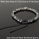 Men's Women Black Rutilated Quartz Adjustable Braided Bracelet 925 Sterling Silver Fleur de Lis Bead DiyNotion BR1075