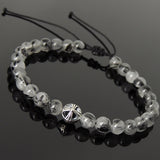 Men's Women Black Rutilated Quartz Adjustable Braided Bracelet 925 Sterling Silver Cross Bead DiyNotion BR1076