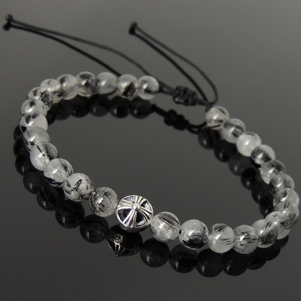 Men's Women Black Rutilated Quartz Adjustable Braided Bracelet 925 Sterling Silver Cross Bead DiyNotion BR1076