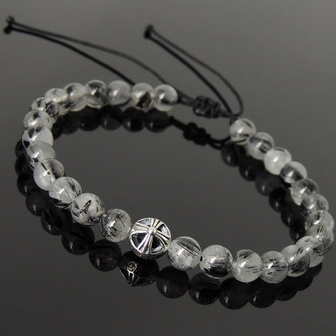 Men's Women Black Rutilated Quartz Adjustable Braided Bracelet 925 Sterling Silver Cross Bead DiyNotion BR1076