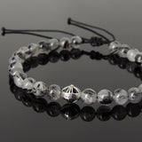 Men's Women Black Rutilated Quartz Adjustable Braided Bracelet 925 Sterling Silver Cross Bead DiyNotion BR1076
