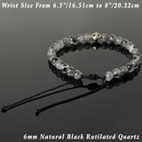 Men's Women Black Rutilated Quartz Adjustable Braided Bracelet 925 Sterling Silver Cross Bead DiyNotion BR1076
