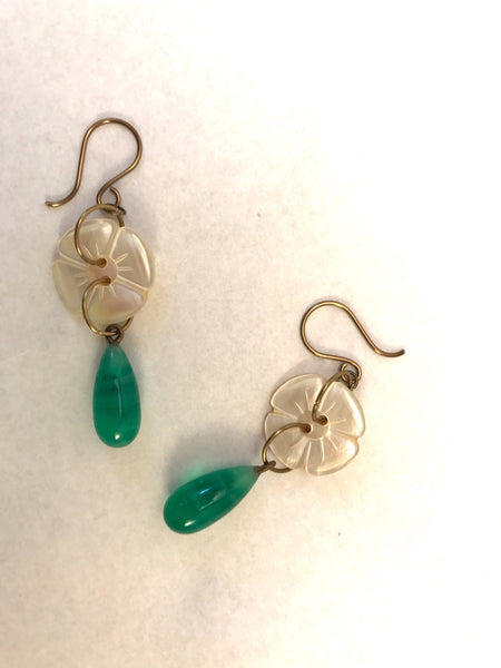 Vintage Ivory Mother of Pearl Button Earrings, MOP Buttons, Vintage Green Glass Bead Drops, Hand Made Bronze French Hook Ear Wires MPE360
