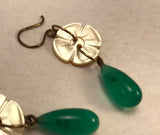 Vintage Ivory Mother of Pearl Button Earrings, MOP Buttons, Vintage Green Glass Bead Drops, Hand Made Bronze French Hook Ear Wires MPE360