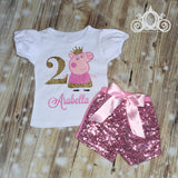 Peppa Pig Birthday Shirt, Ruffle Raglan with Sequin Pants, Personalized Monogram with Glitter Name and Age