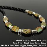 Handmade 3mm Bright Black Onyx Snake Skin Stone Necklace 925 Sterling Silver Nuggets Clasp DiyNotion NK192