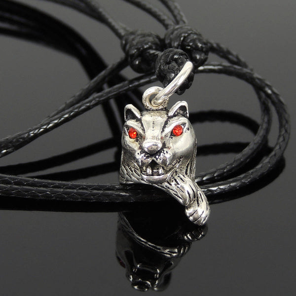 Men's Women Adjustable Necklace 925 Sterling Silver Jungle Cat Pendant with Wax Rope DiyNotion NK193