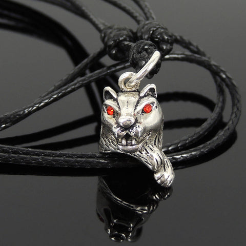 Men's Women Adjustable Necklace 925 Sterling Silver Jungle Cat Pendant with Wax Rope DiyNotion NK193