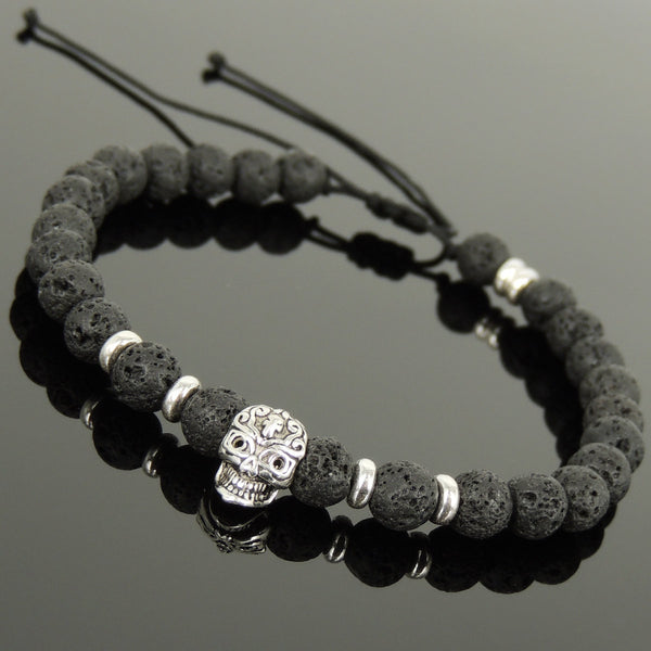 Men's Women Lava Rock Adjustable Braided Bracelet 925 Sterling Silver Skull & Spacers DiyNotion BR1080