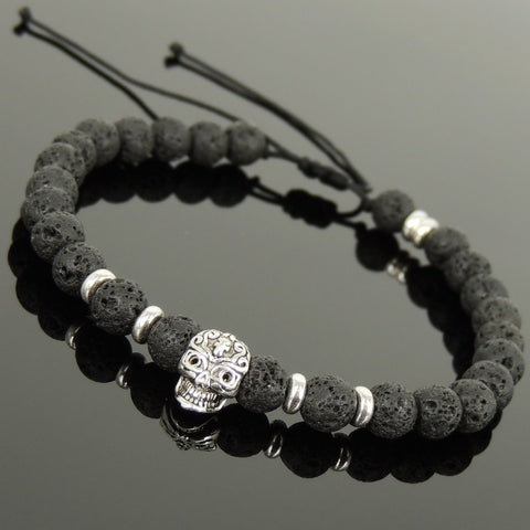 Men's Women Lava Rock Adjustable Braided Bracelet 925 Sterling Silver Skull & Spacers DiyNotion BR1080