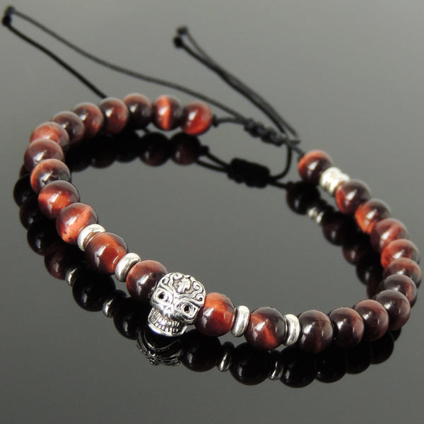 Men's Women Red Tiger Eye Adjustable Braided Bracelet 925 Sterling Silver Skull & Spacers DiyNotion BR1081