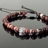 Men's Women Red Tiger Eye Adjustable Braided Bracelet 925 Sterling Silver Skull & Spacers DiyNotion BR1081