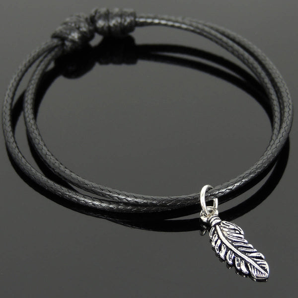 Men's Women Adjustable Braided Bracelet 925 Stamp Sterling Silver Feather Pendant DiyNotion Handmade BR1129