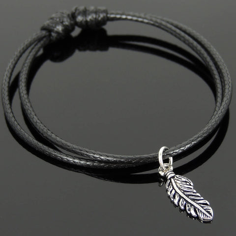 Men's Women Adjustable Braided Bracelet 925 Stamp Sterling Silver Feather Pendant DiyNotion Handmade BR1129